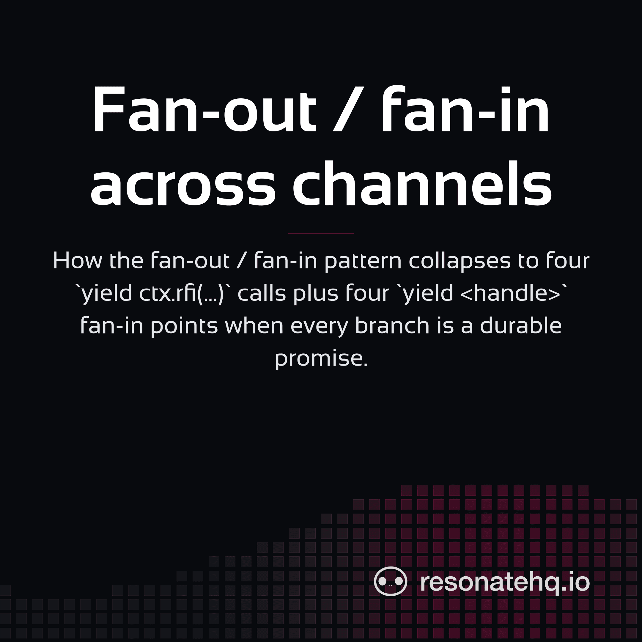 Resonate brand card on a dark background with a plum spectrum wave at the bottom and the post headline in white Sansation.