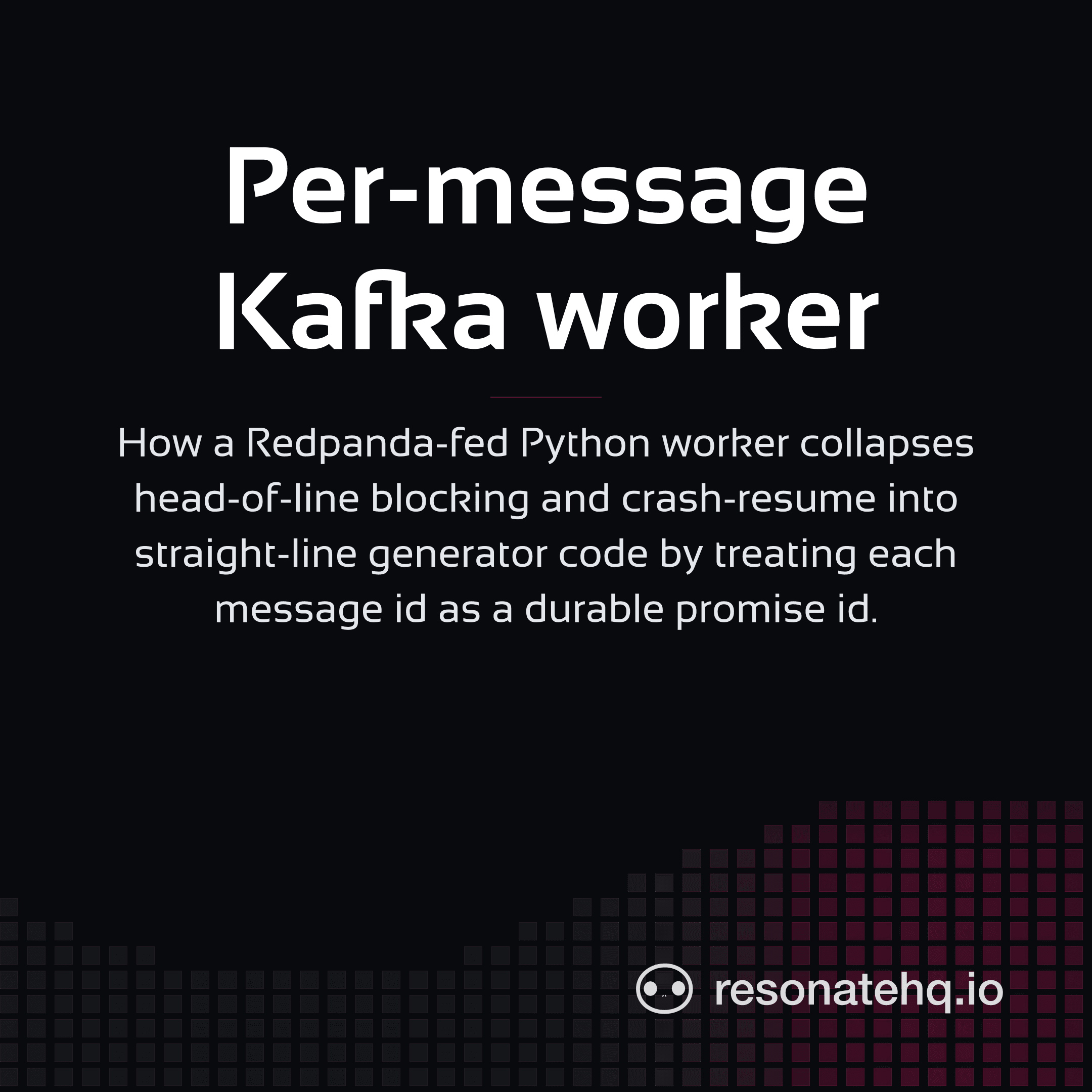 Resonate brand card on a dark background with a plum spectrum wave at the bottom and the post headline in white Sansation.