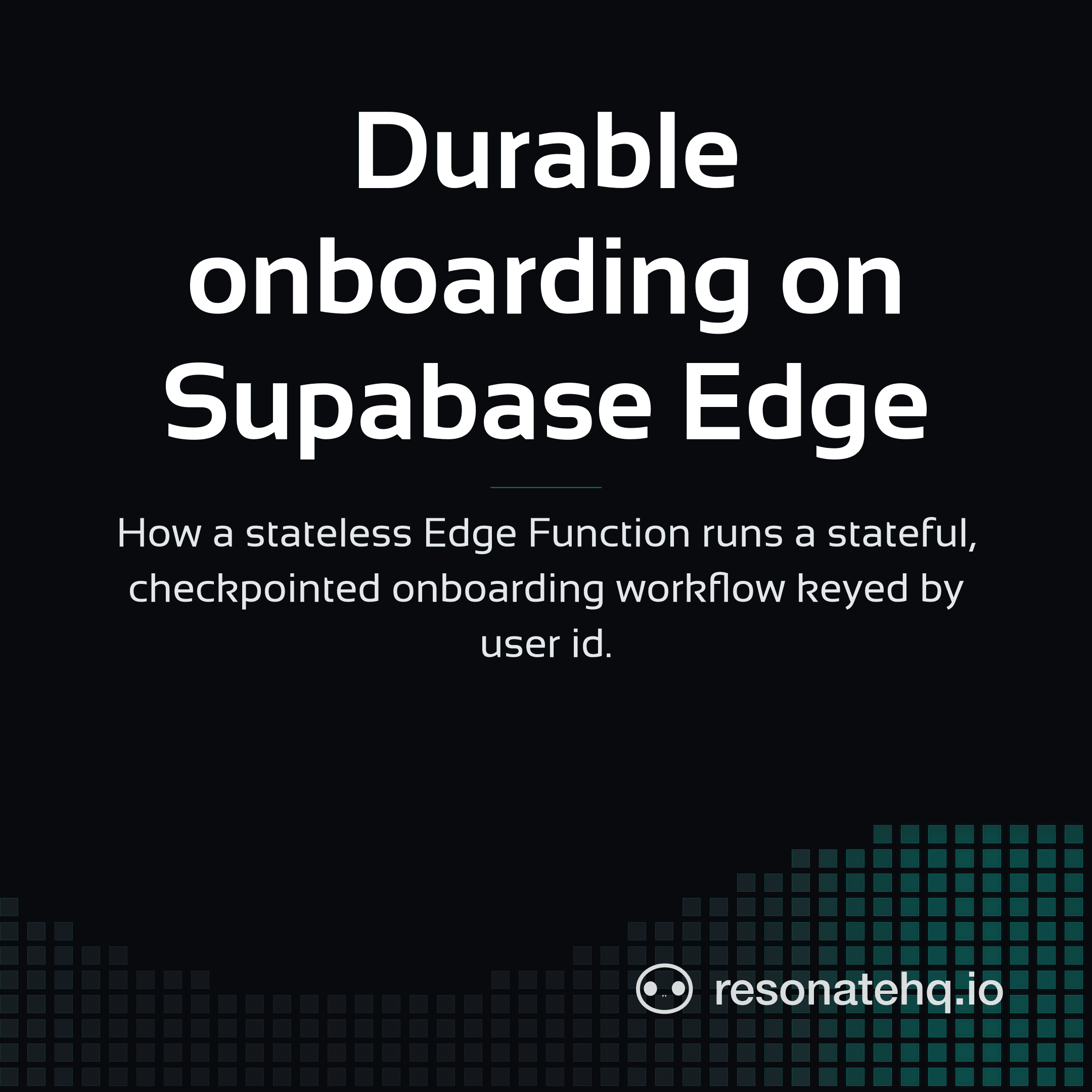 Resonate brand card on a dark background with a teal spectrum wave at the bottom and the post headline in white Sansation.