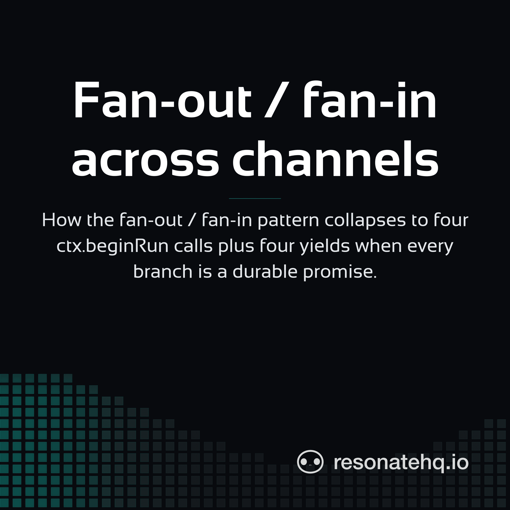 Resonate brand card on a dark background with a teal spectrum wave at the bottom and the post headline in white Sansation.