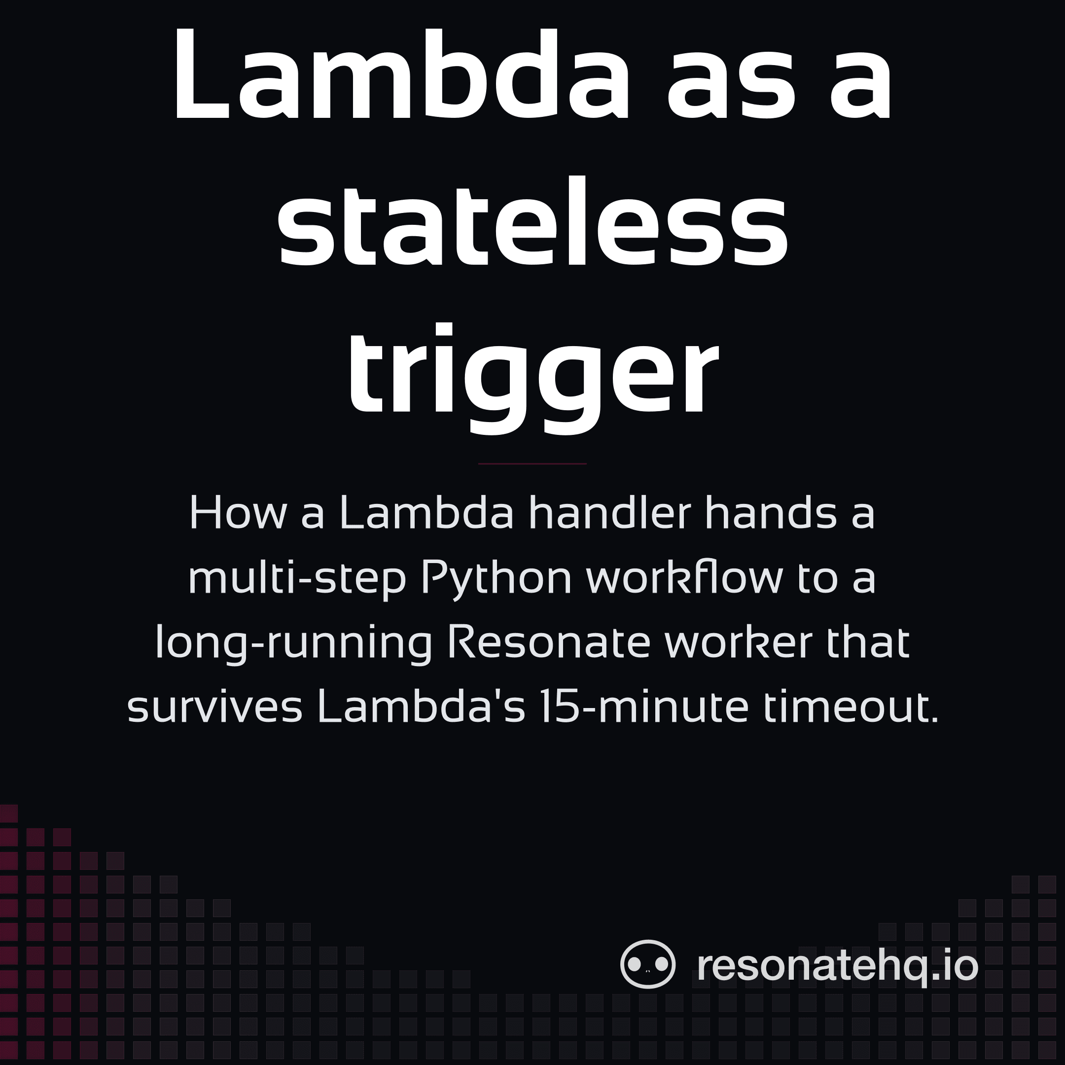 Resonate brand card on a dark background with a plum spectrum wave at the bottom and the post headline in white Sansation.