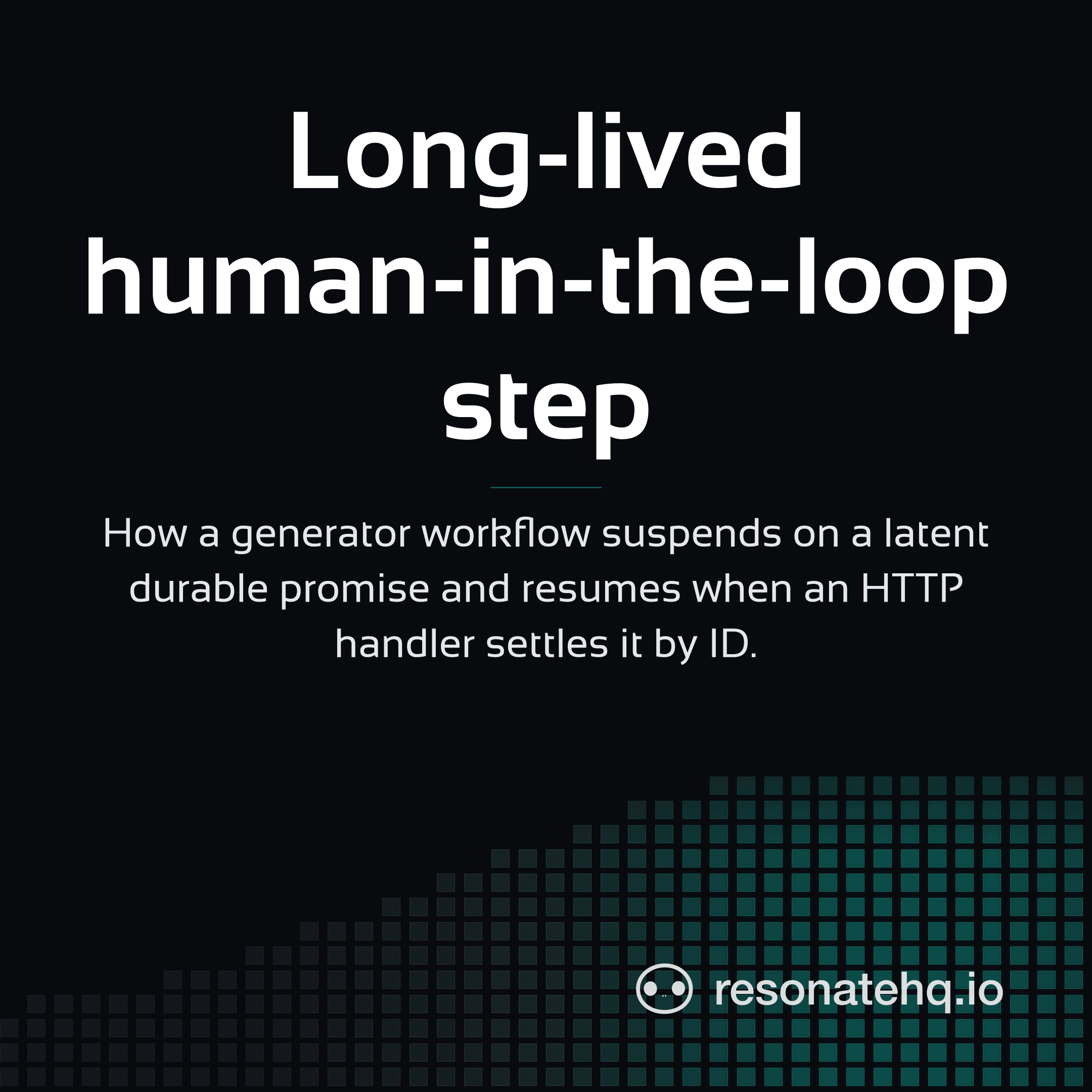 Resonate brand card on a dark background with a teal spectrum wave at the bottom and the post headline in white Sansation.