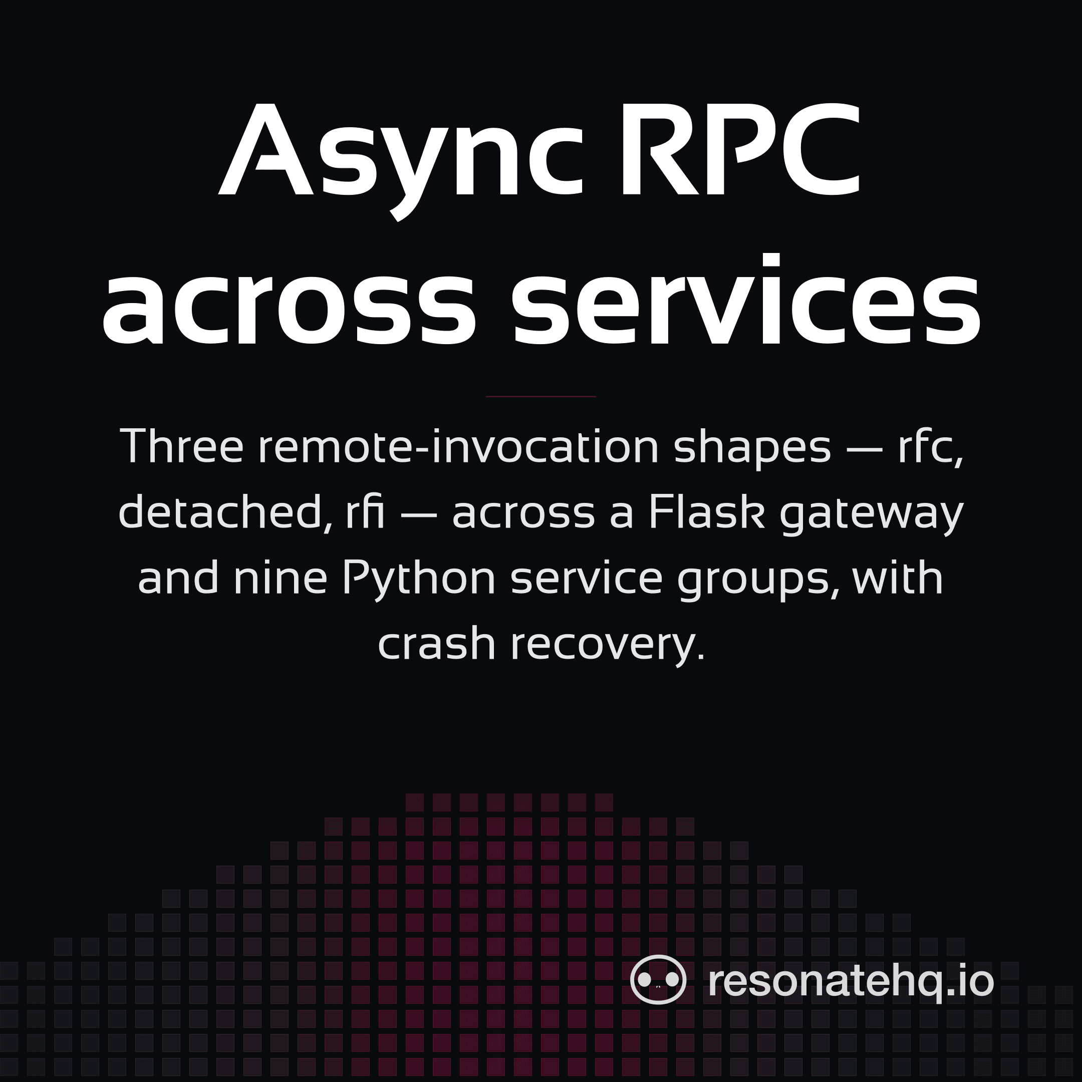 Resonate brand card on a dark background with a plum spectrum wave at the bottom and the post headline in white Sansation.