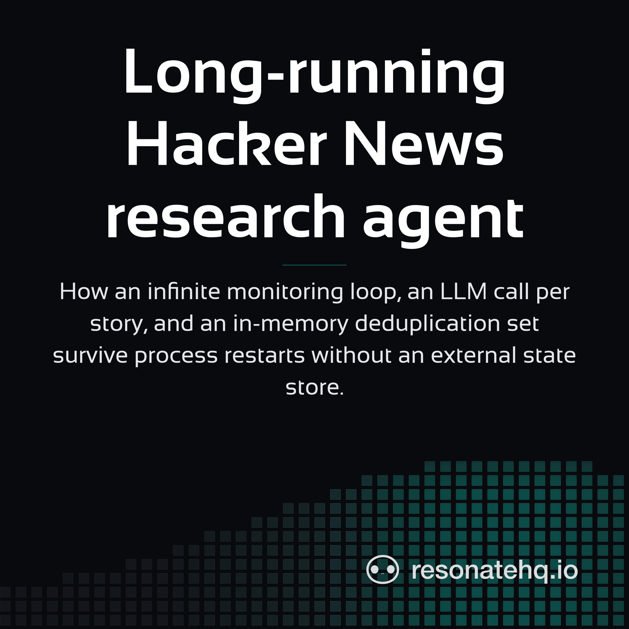 Resonate brand card on a dark background with a teal spectrum wave at the bottom and the post headline in white Sansation.