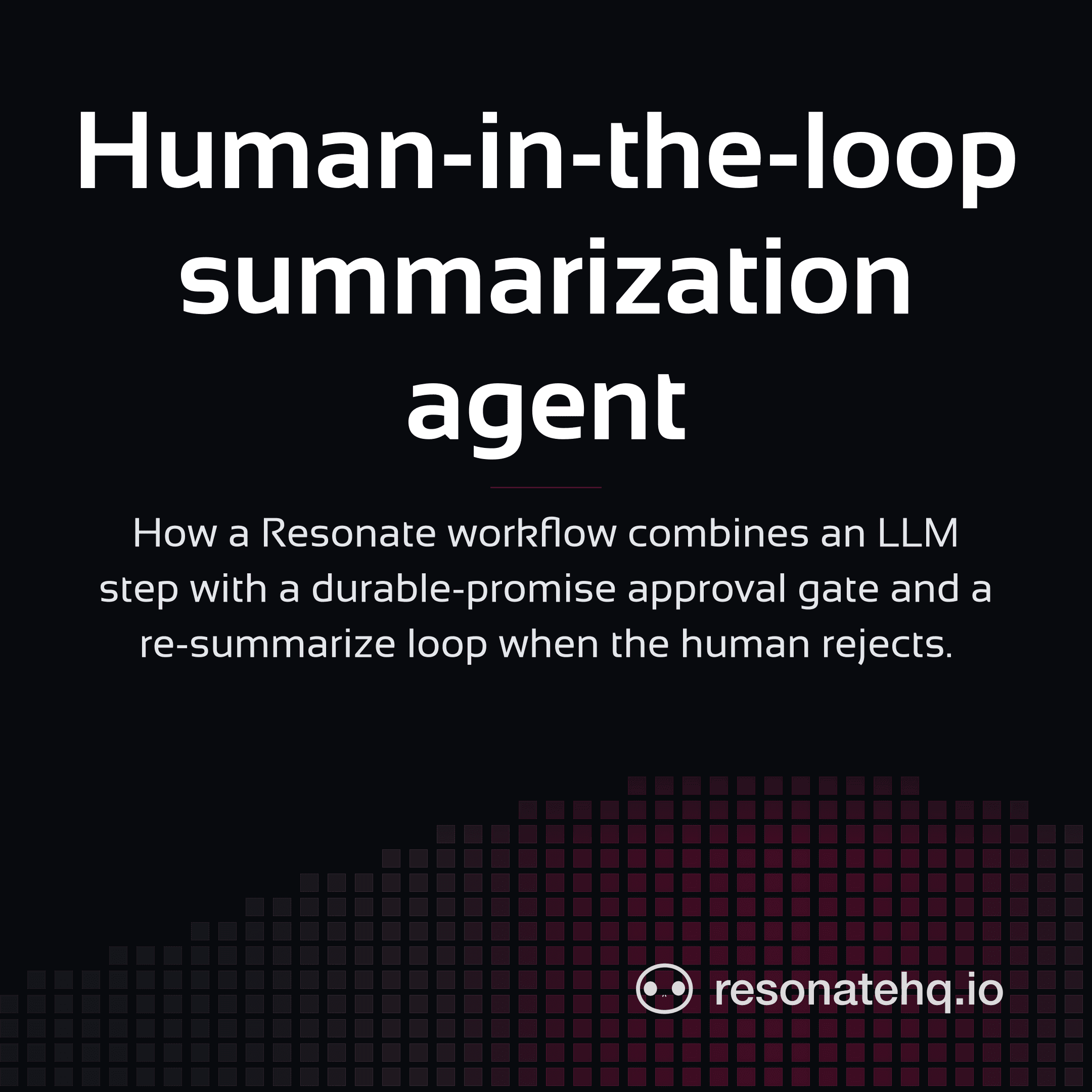Resonate brand card on a dark background with a plum spectrum wave at the bottom and the post headline in white Sansation.