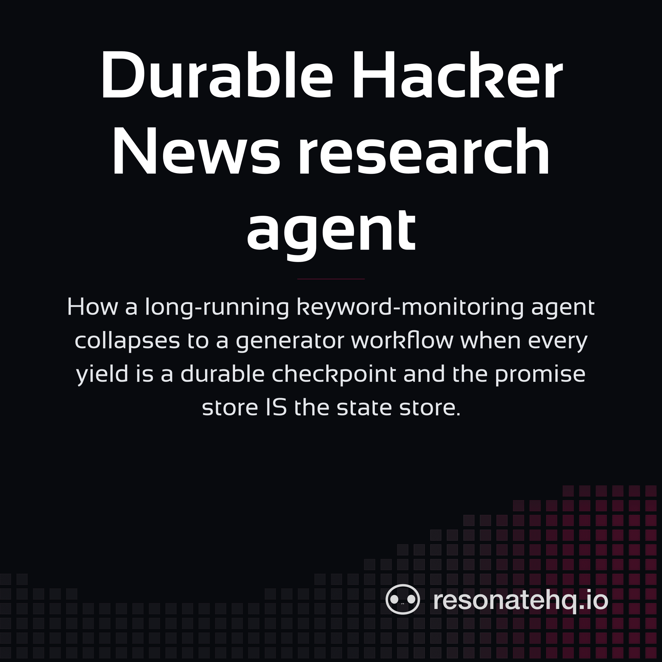 Resonate brand card on a dark background with a plum spectrum wave at the bottom and the post headline in white Sansation.