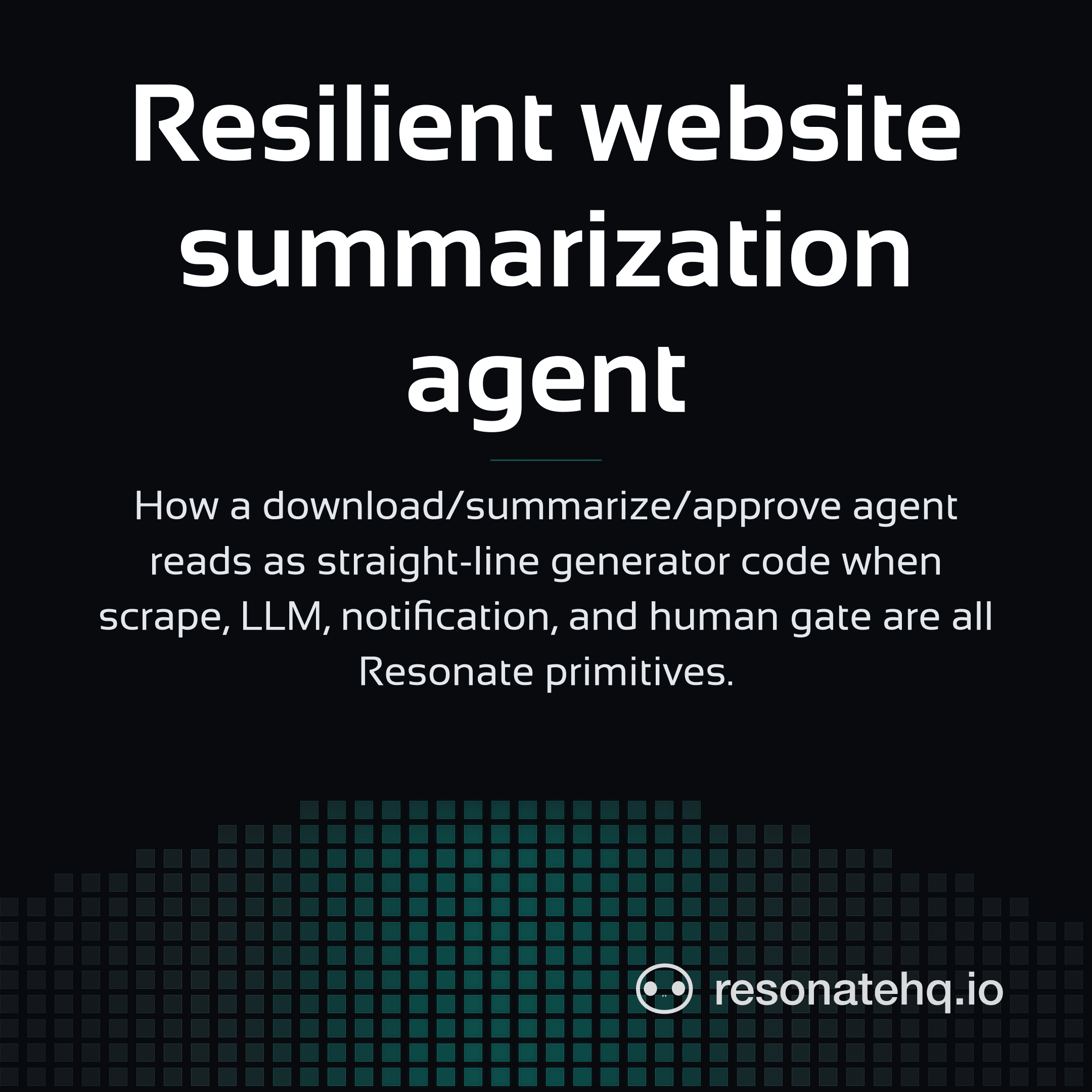 Resonate brand card on a dark background with a teal spectrum wave at the bottom and the post headline in white Sansation.