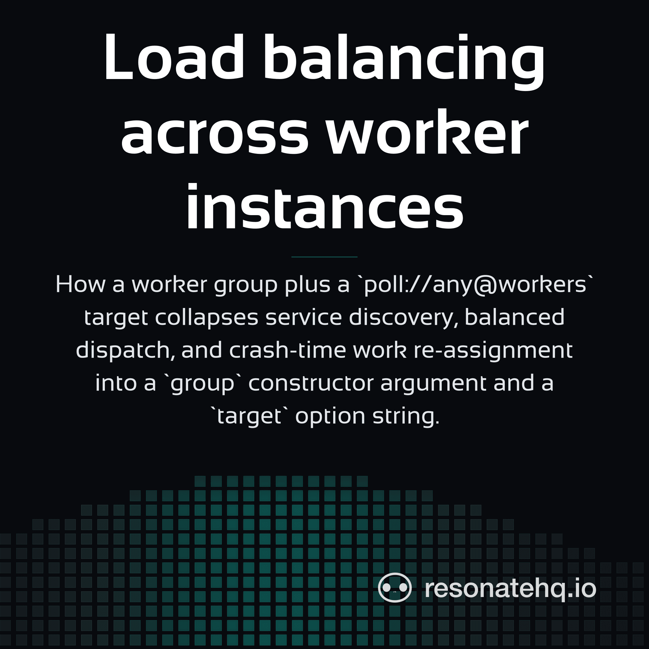 Resonate brand card on a dark background with a teal spectrum wave at the bottom and the post headline in white Sansation.