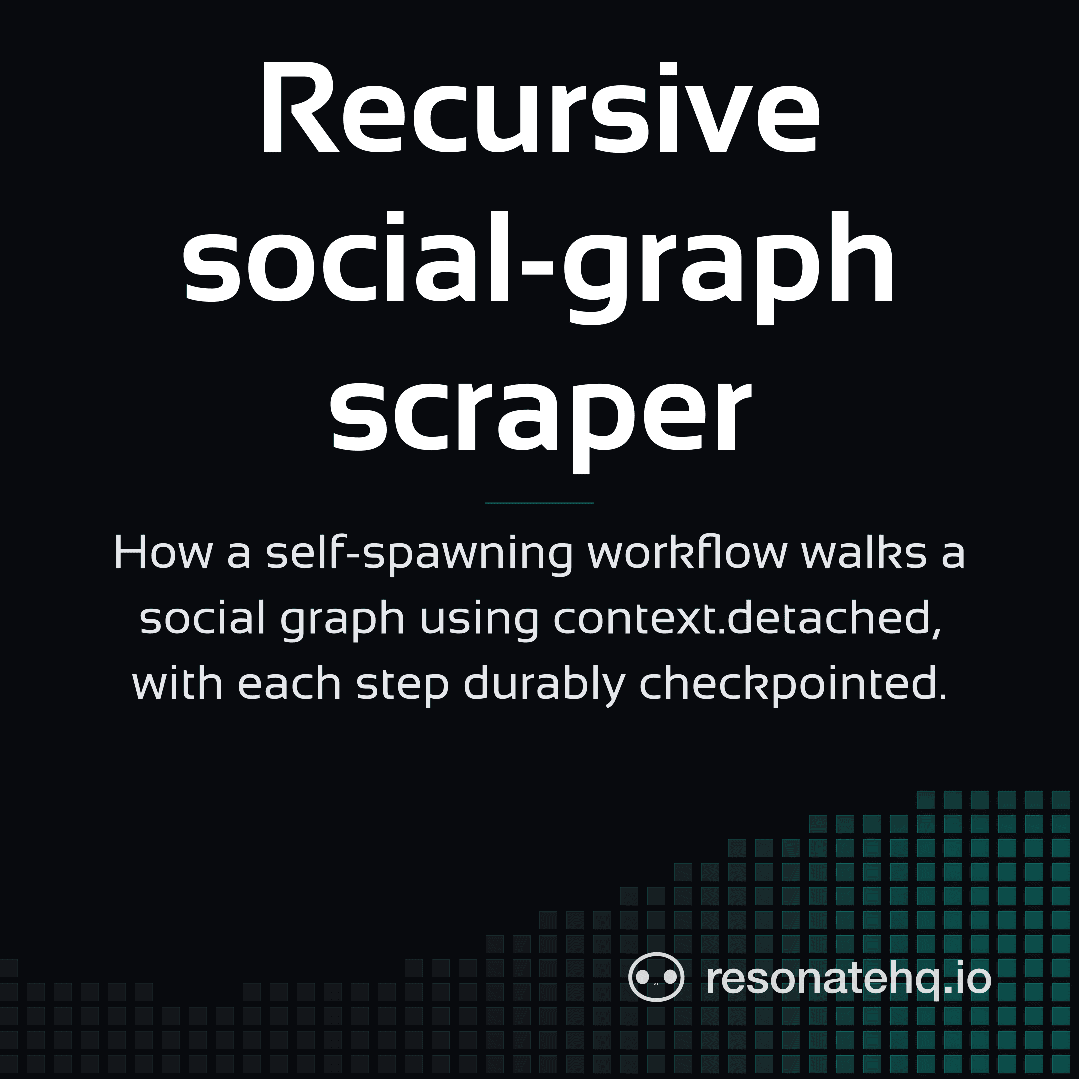 Resonate brand card on a dark background with a teal spectrum wave at the bottom and the post headline in white Sansation.