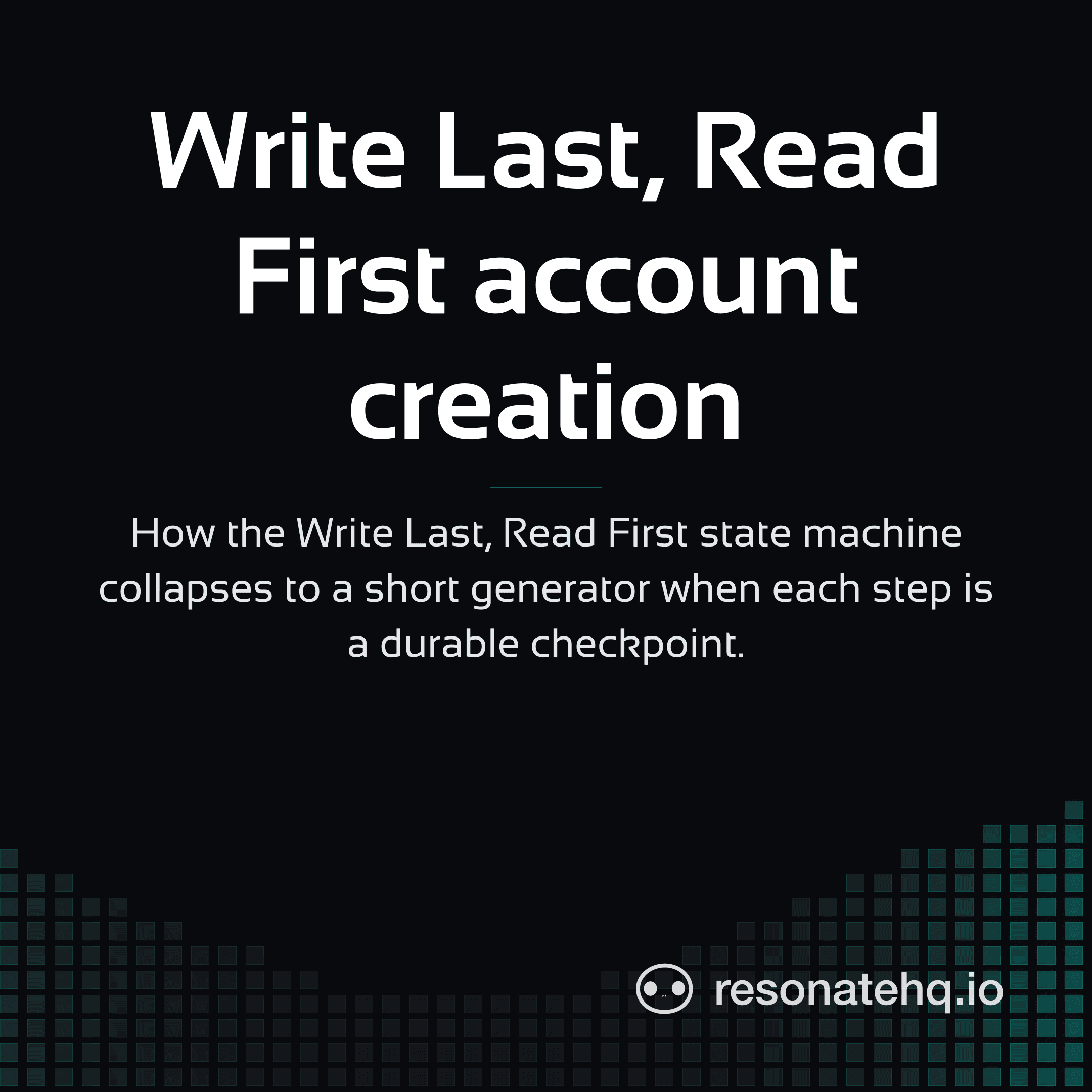 Resonate brand card on a dark background with a teal spectrum wave at the bottom and the post headline in white Sansation.