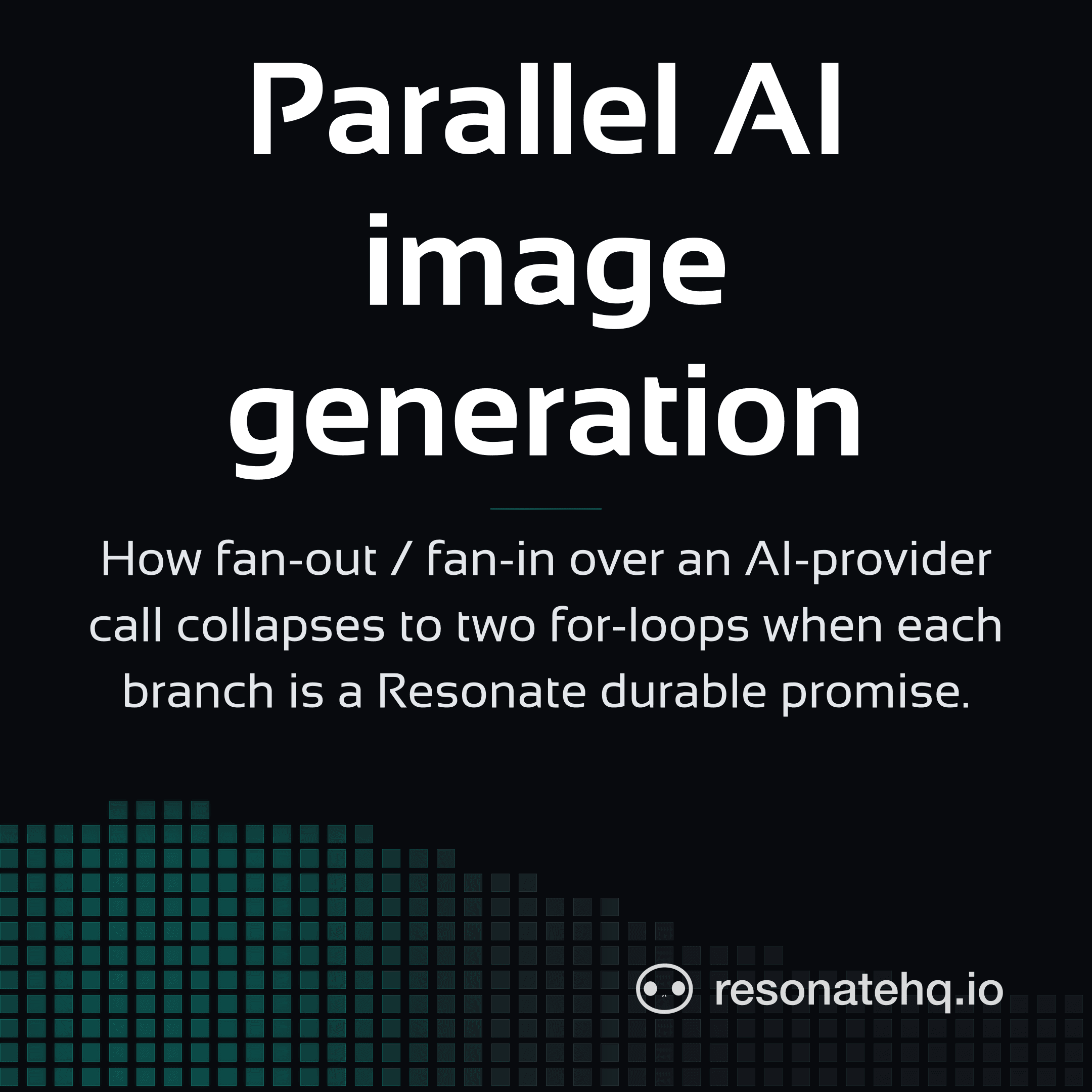 Resonate brand card on a dark background with a teal spectrum wave at the bottom and the post headline in white Sansation.