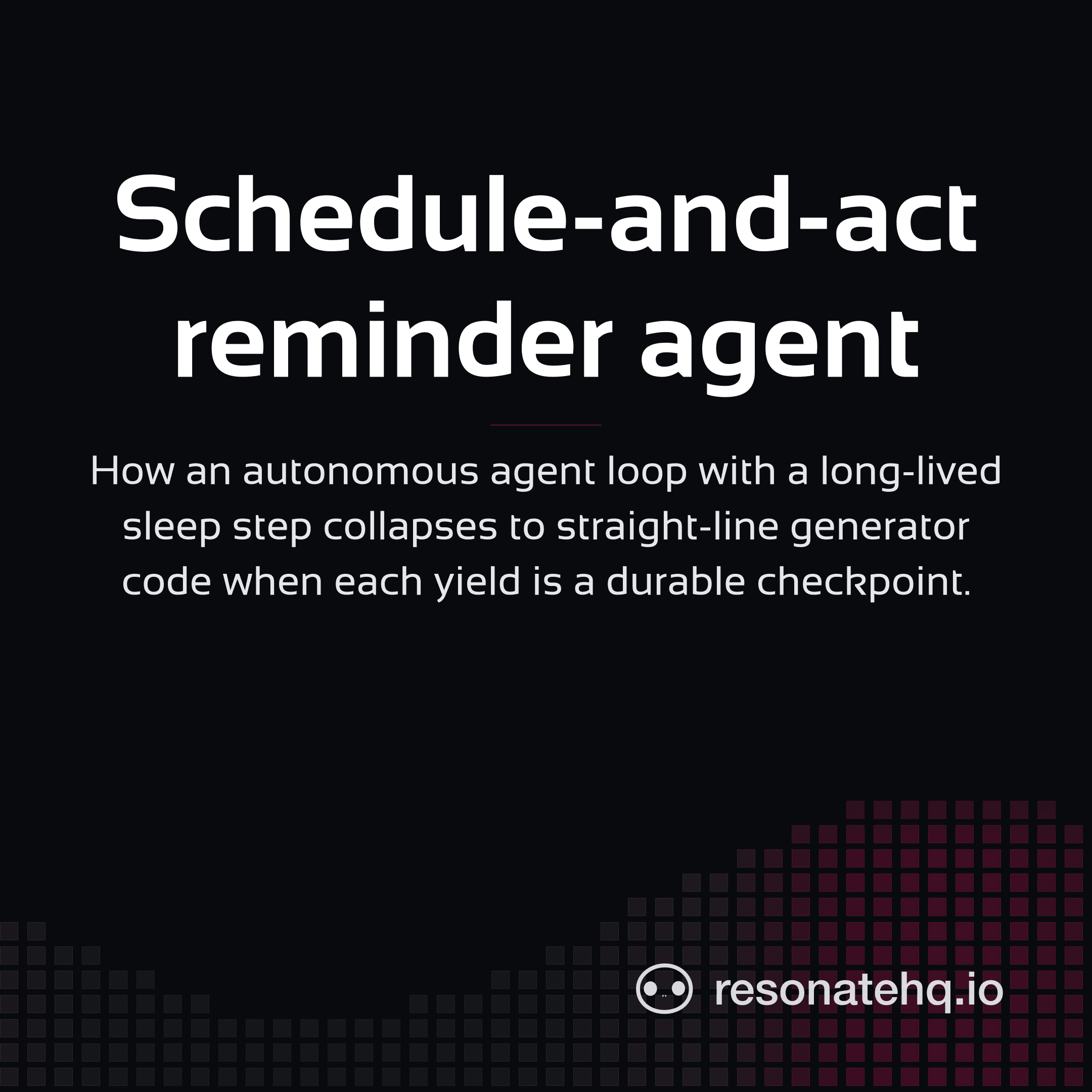 Resonate brand card on a dark background with a plum spectrum wave at the bottom and the post headline in white Sansation.