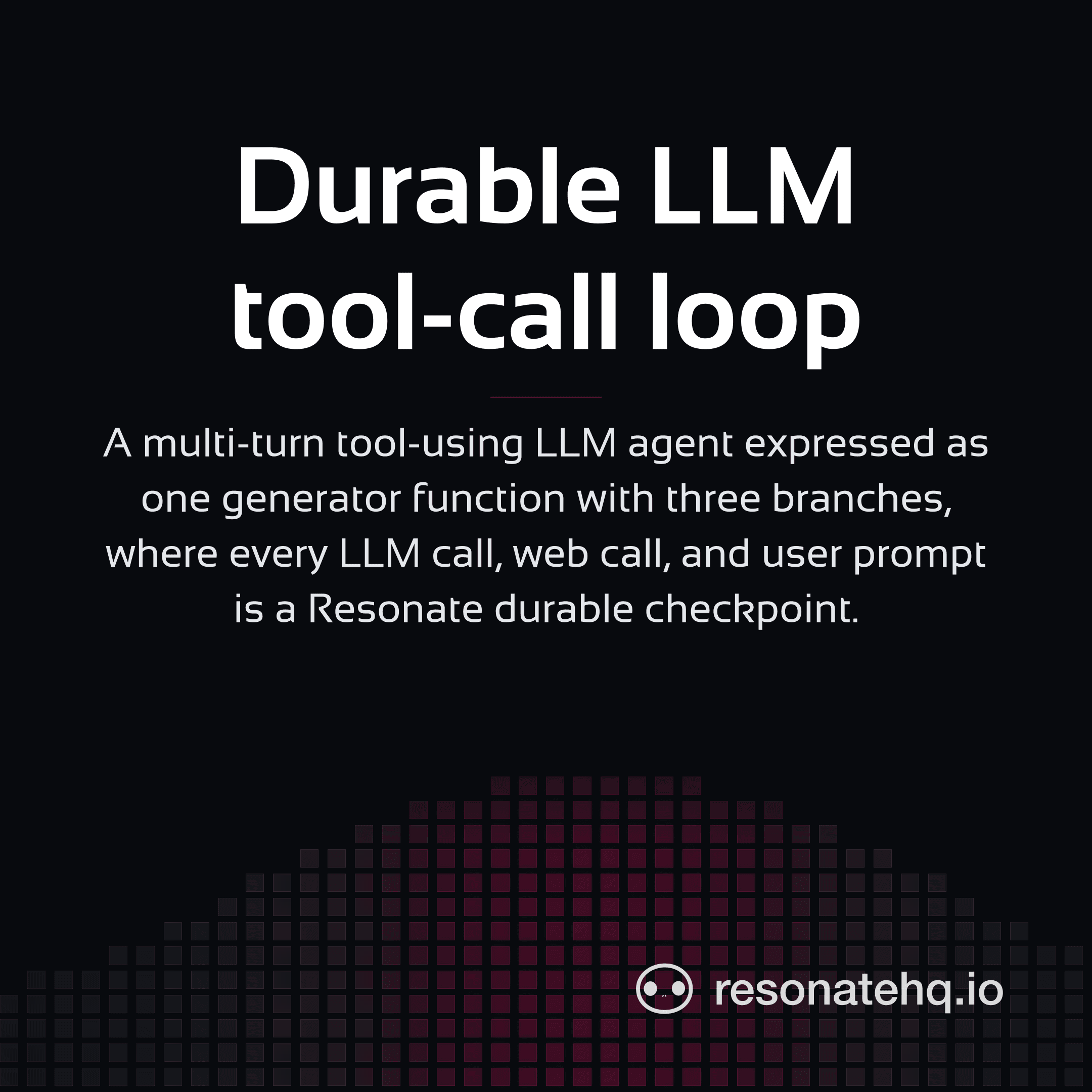 Resonate brand card on a dark background with a plum spectrum wave at the bottom and the post headline in white Sansation.
